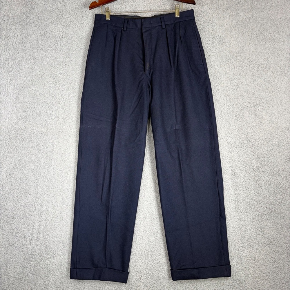 Polo Ralph Lauren Pants Mens 32 Navy Wool Pleated Cuffed Vintage Made in USA
